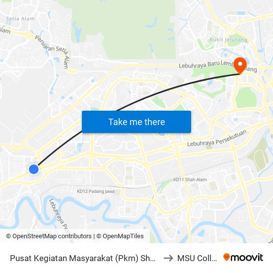 Pusat Kegiatan Masyarakat (Pkm) Shah Alam to MSU College map