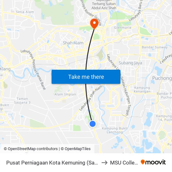 Pusat Perniagaan Kota Kemuning (Sa196) to MSU College map