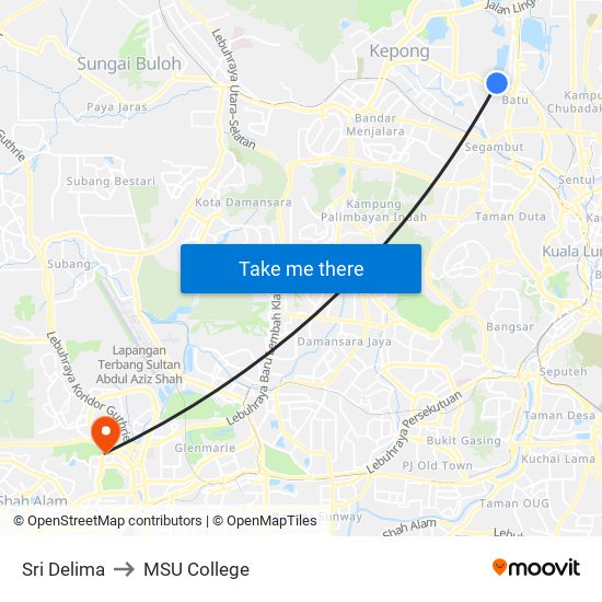 Sri Delima to MSU College map