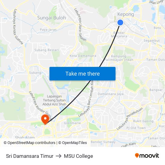 Sri Damansara Timur to MSU College map