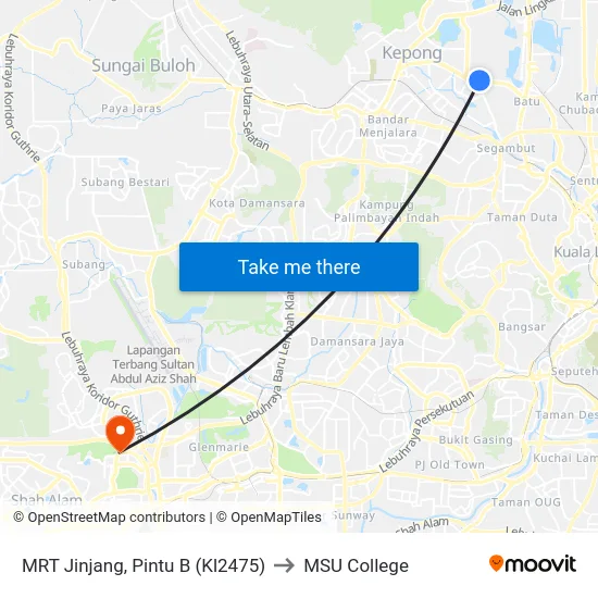 MRT Jinjang, Pintu B (Kl2475) to MSU College map