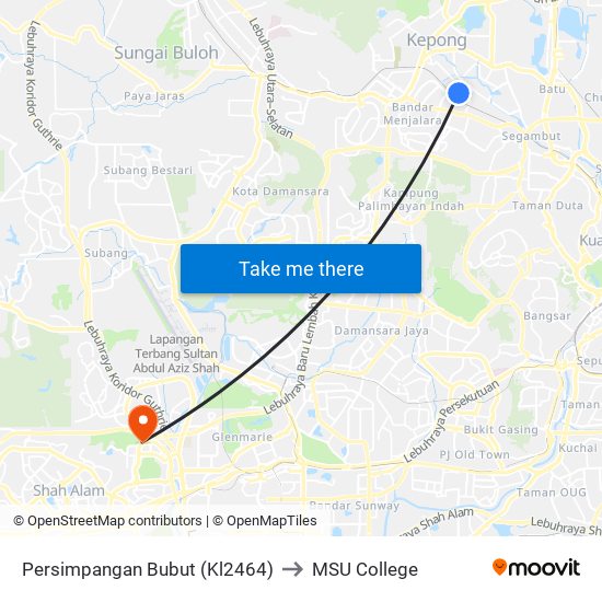 Persimpangan Bubut (Kl2464) to MSU College map