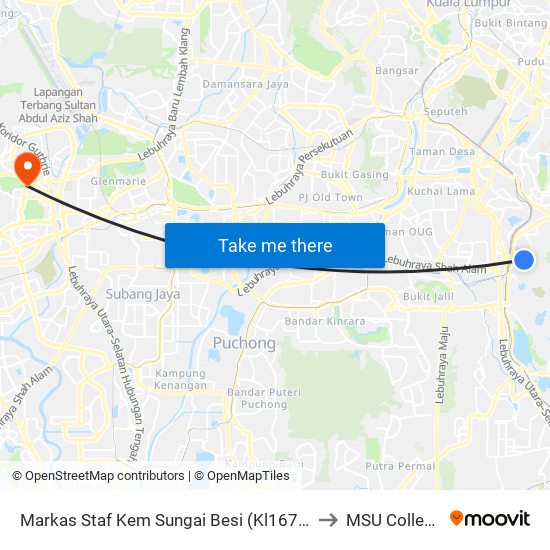 Markas Staf Kem Sungai Besi (Kl1671) to MSU College map