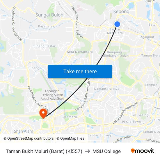 Taman Bukit Maluri (Barat) (Kl557) to MSU College map