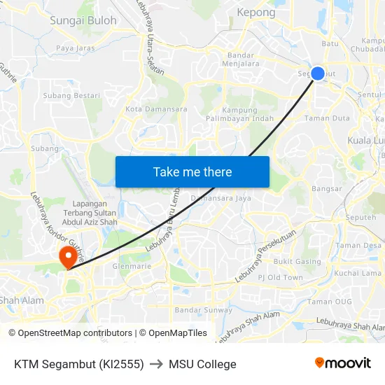 KTM Segambut (Kl2555) to MSU College map