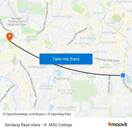 Serdang Raya Utara to MSU College map