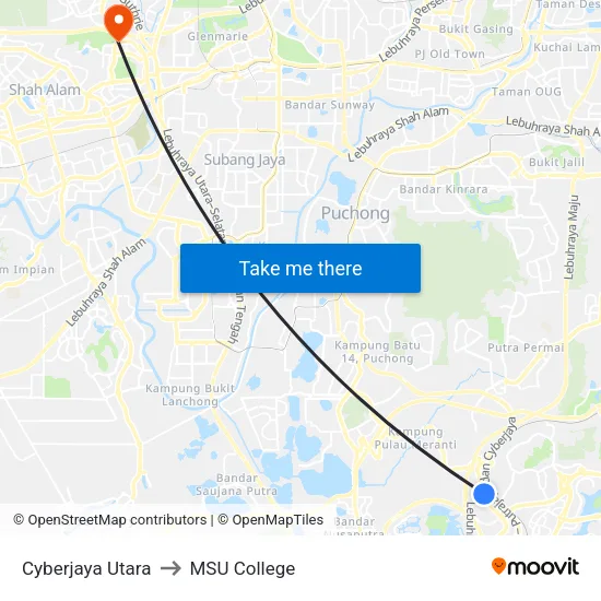 Cyberjaya Utara to MSU College map