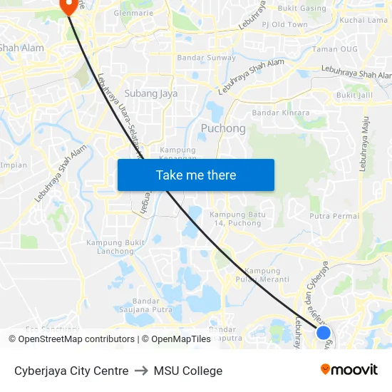 Cyberjaya City Centre to MSU College map