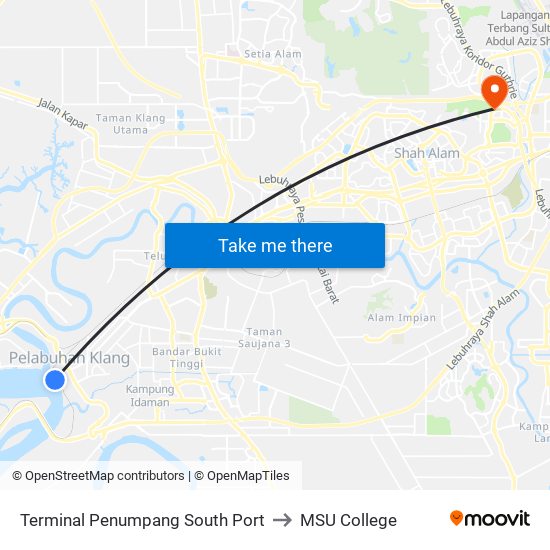 Terminal Penumpang South Port to MSU College map