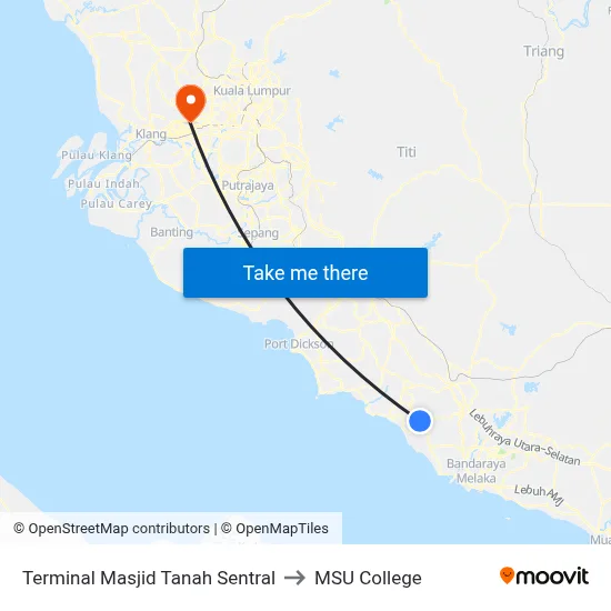 Terminal Masjid Tanah Sentral to MSU College map