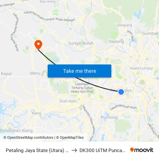 Petaling Jaya State (Utara) (Pj433) to DK300 UiTM Puncak Alam map