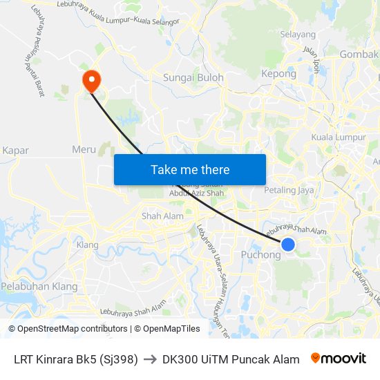 LRT Kinrara Bk5 (Sj398) to DK300 UiTM Puncak Alam map