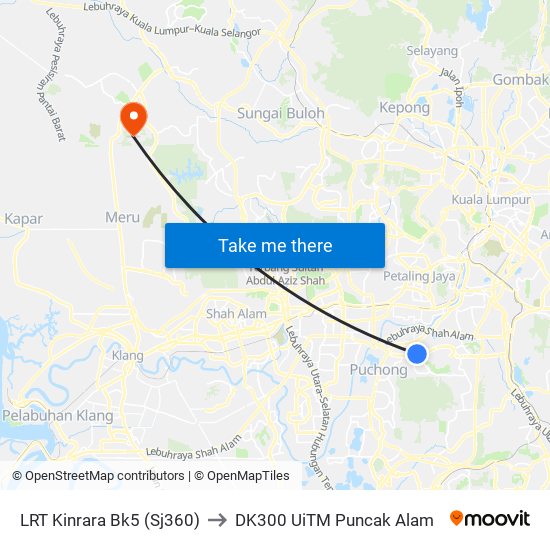 LRT Kinrara Bk5 (Sj360) to DK300 UiTM Puncak Alam map