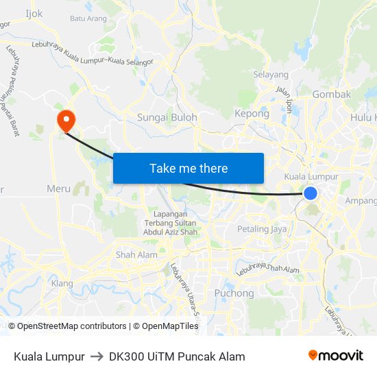 Kuala Lumpur to DK300 UiTM Puncak Alam map