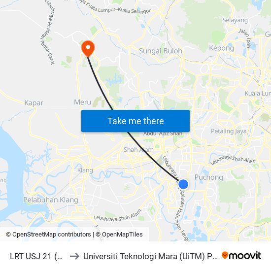 LRT USJ 21 (Sj728) to Universiti Teknologi Mara (UiTM) Puncak Alam map