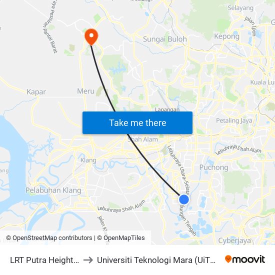 LRT Putra Heights (Sj705) to Universiti Teknologi Mara (UiTM) Puncak Alam map