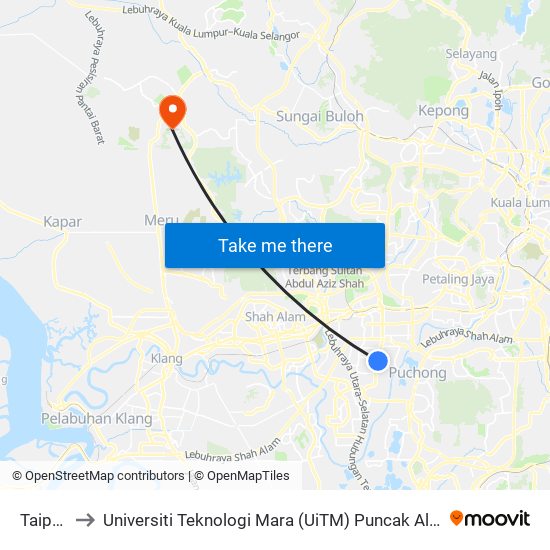 Taipan to Universiti Teknologi Mara (UiTM) Puncak Alam map