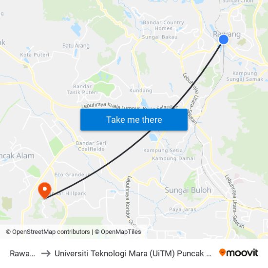 Rawang to Universiti Teknologi Mara (UiTM) Puncak Alam map