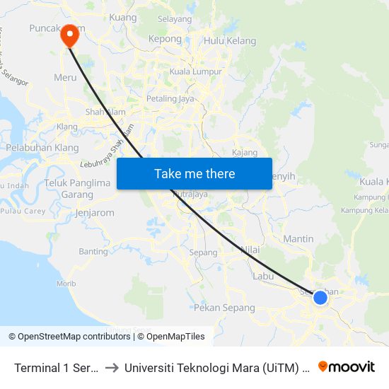 Terminal 1 Seremban to Universiti Teknologi Mara (UiTM) Puncak Alam map