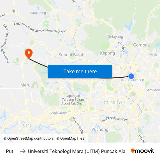 Putra to Universiti Teknologi Mara (UiTM) Puncak Alam map