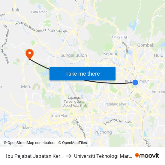 Ibu Pejabat Jabatan Kerja Raya (Jkr) (Kl1052) to Universiti Teknologi Mara (UiTM) Puncak Alam map