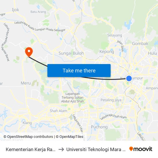 Kementerian Kerja Raya (Kkr) (Kl1055) to Universiti Teknologi Mara (UiTM) Puncak Alam map