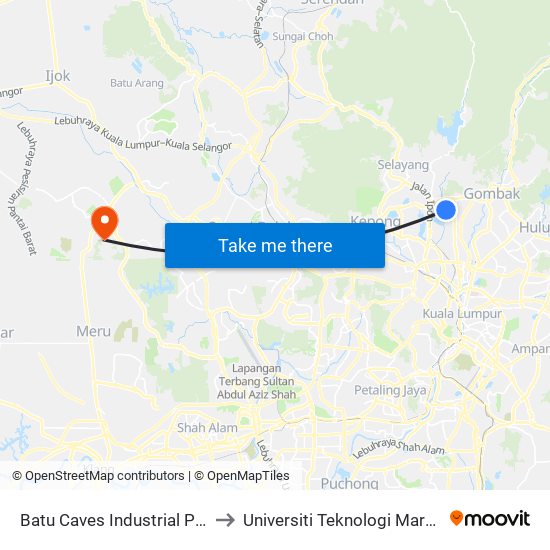 Batu Caves Industrial Park 8 (Barat) (Kl629) to Universiti Teknologi Mara (UiTM) Puncak Alam map