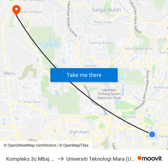 Kompleks 3c Mbsj (Opp) (Pj229) to Universiti Teknologi Mara (UiTM) Puncak Alam map