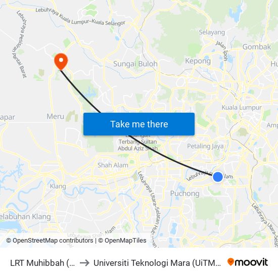 LRT Muhibbah (Kl1360) to Universiti Teknologi Mara (UiTM) Puncak Alam map