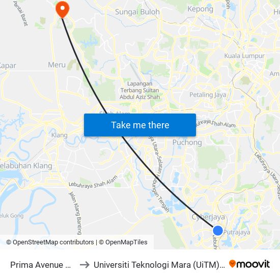 Prima Avenue 1 (Sp69) to Universiti Teknologi Mara (UiTM) Puncak Alam map