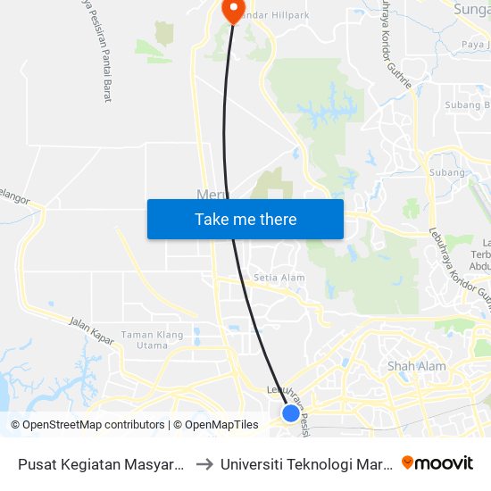 Pusat Kegiatan Masyarakat (Pkm) Shah Alam to Universiti Teknologi Mara (UiTM) Puncak Alam map