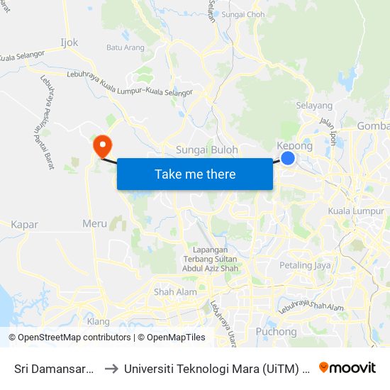 Sri Damansara Timur to Universiti Teknologi Mara (UiTM) Puncak Alam map