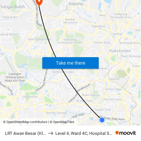 LRT Awan Besar (Kl2324) to Level 4, Ward 4C, Hospital Sg.Buloh, map