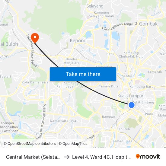 Central Market (Selatan) (Kl109) to Level 4, Ward 4C, Hospital Sg.Buloh, map