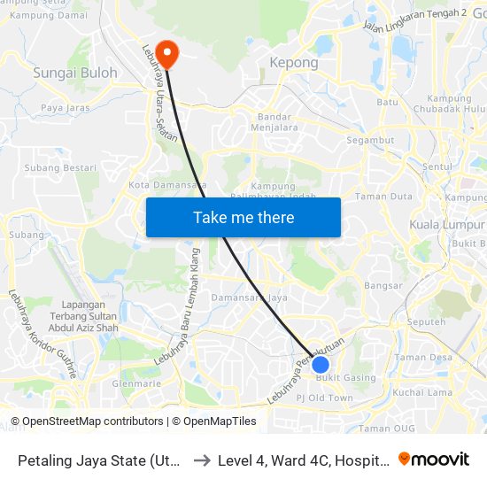 Petaling Jaya State (Utara) (Pj433) to Level 4, Ward 4C, Hospital Sg.Buloh, map
