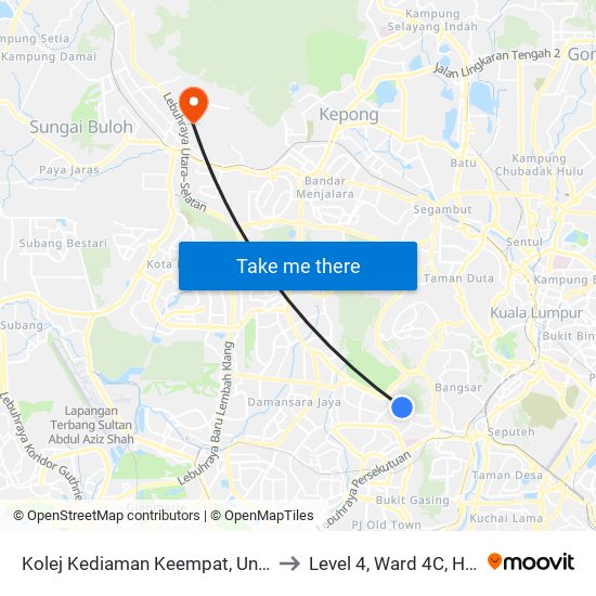 Kolej Kediaman Keempat, Universiti Malaya (Kl2348) to Level 4, Ward 4C, Hospital Sg.Buloh, map