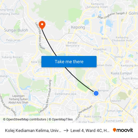 Kolej Kediaman Kelima, Universiti Malaya (Kl2343) to Level 4, Ward 4C, Hospital Sg.Buloh, map