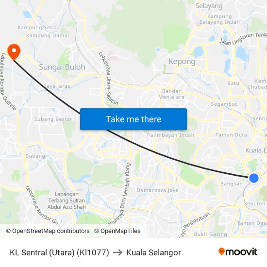KL Sentral (Utara) (Kl1077) to Kuala Selangor map