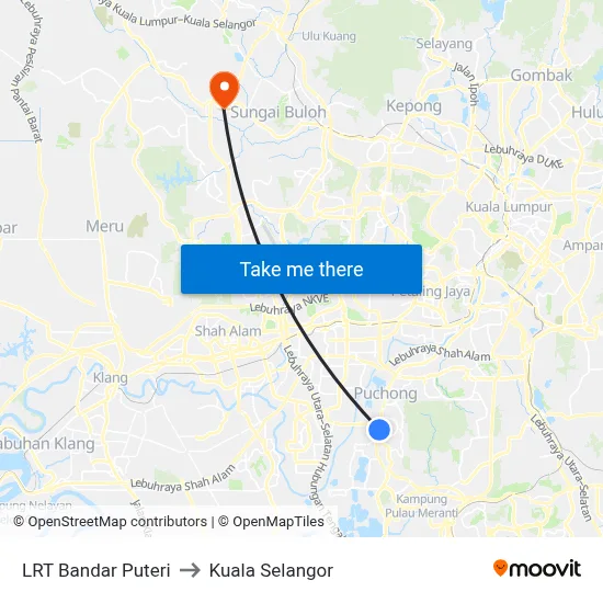 LRT Bandar Puteri to Kuala Selangor map