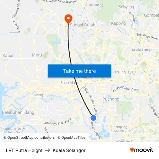 LRT Putra Height to Kuala Selangor map