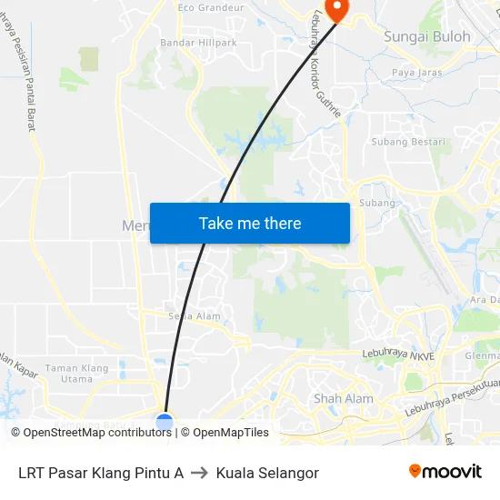 LRT Pasar Klang Pintu A to Kuala Selangor map
