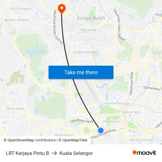LRT Kerjaya Pintu B to Kuala Selangor map