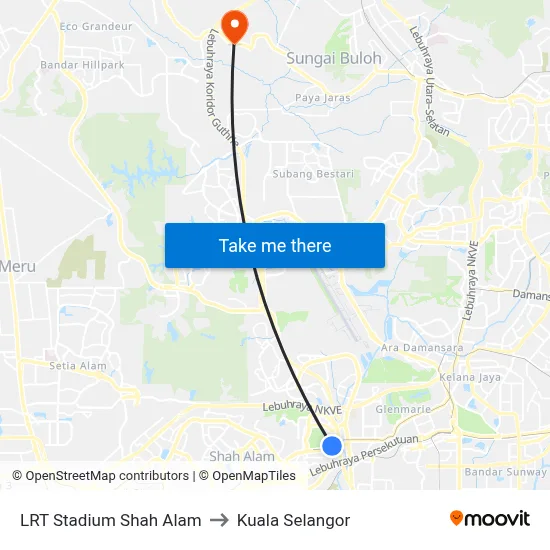LRT Stadium Shah Alam to Kuala Selangor map