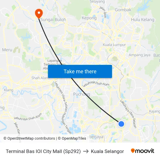 Terminal Bas IOI City Mall (Sp292) to Kuala Selangor map