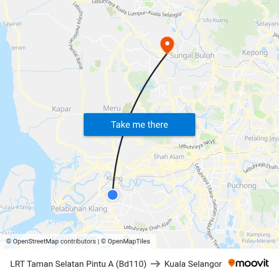 LRT Taman Selatan Pintu A (Bd110) to Kuala Selangor map