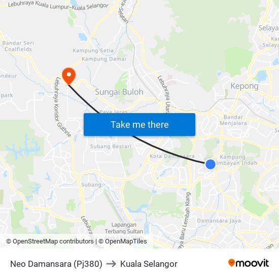 Neo Damansara (Pj380) to Kuala Selangor map