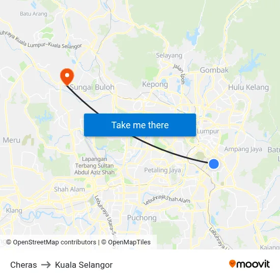 Cheras to Kuala Selangor map