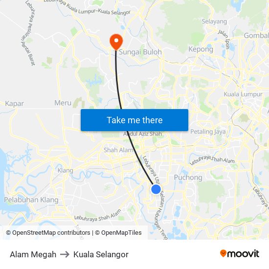 Alam Megah to Kuala Selangor map