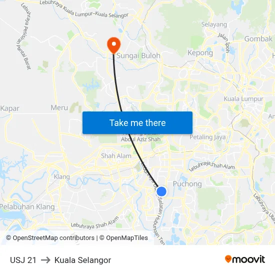 USJ 21 to Kuala Selangor map