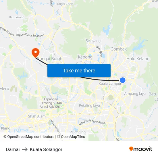 Damai to Kuala Selangor map